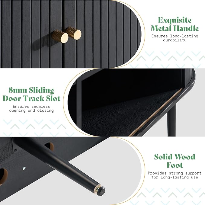 AMERLIFE 55" TV Stand with Solid Wood Legs, Mid Century Modern TV Console with Tambour Door for 80-inch TV, Dust-Proof Storage Cabinet for Living Room, Embossed Black