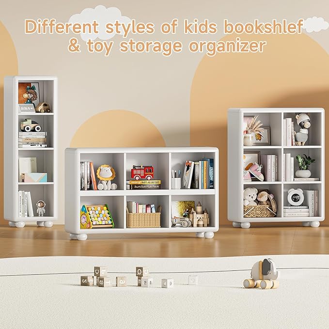 ONBRILL Wooden Bookcase with 6 Cube Storage, Kids Bookshelf with Sphere Foot, Sturdy Toy Storage Organizer, Safe Rounded Corners Bookcase for Living Room, Playroom, Nursery (White)