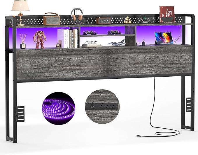 Unikito Headboard for King Size Bed with Storage Shelf, Head Board with 3 Outlets and 2 USB Ports, Headboards with RGB LED Light, Height Adjustable, Sturdy and Stable, Easy Assembly, Black Oak