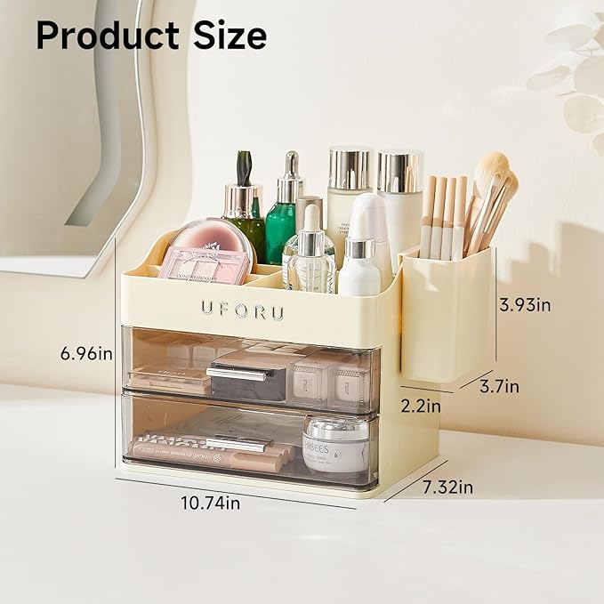 Makeup Organizer for Vanity with Brush Holder, Countertop Organizer with 2 Drawers, Spacious Cosmetic Display Case for Beauty Essential, Skincare, Lipstick