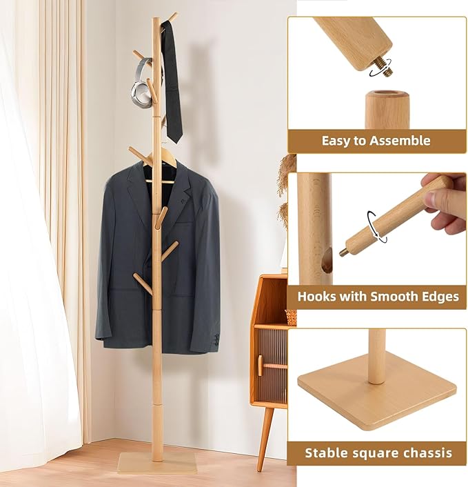 Coat Rack Freestanding with Stable Square Base for Cloathes, Hat, Used in Bedroom, Office and Entryway, Sturdy and Easy Assembly Coat Tree with 3 Adjustable Sizes and 8 Hooks, Natural
