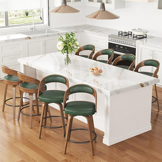 Swivel Bar Stools Set of 8, 26" Counter Height Bentwood Barstool, Mid-Century Modern PU Leather Upholstered Bar Chair with Back and Footrest, for Kitchen Island, Bar, Cafe, Dining Room, Green