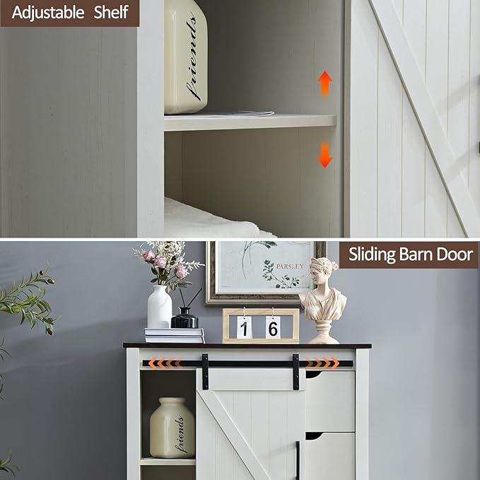 White Dresser for Bedroom with 5 Drawers, 48" Tall w/Sliding Barn Door, Farmhouse 5 Chest of Drawers for Bedroom, Hallway, Living Room, Dining Room, Antique White