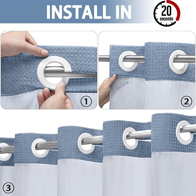YellyHommy No Hook Shower Curtain with Snap in Liner Set Less Time Waffle Shower Curtain for Bathroom 75" L x 72" W Sky Blue