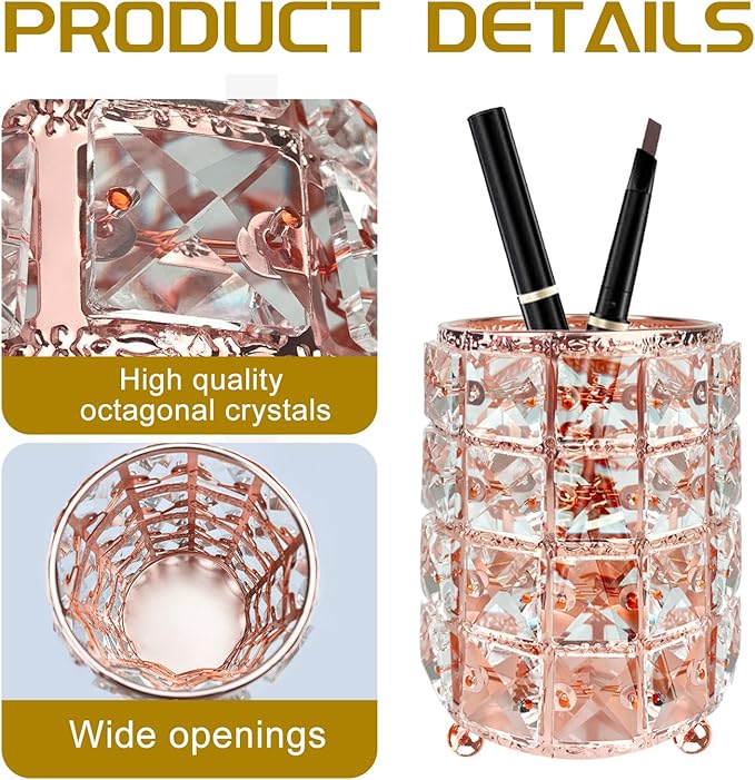 XB'ANG Flower Pattern Makeup Brush Holder Organizer Crystal Cosmetic Cup Eyeliners Eyebrow Pencil Storage Box Container Vanity Decor Accessories (Rose Gold)