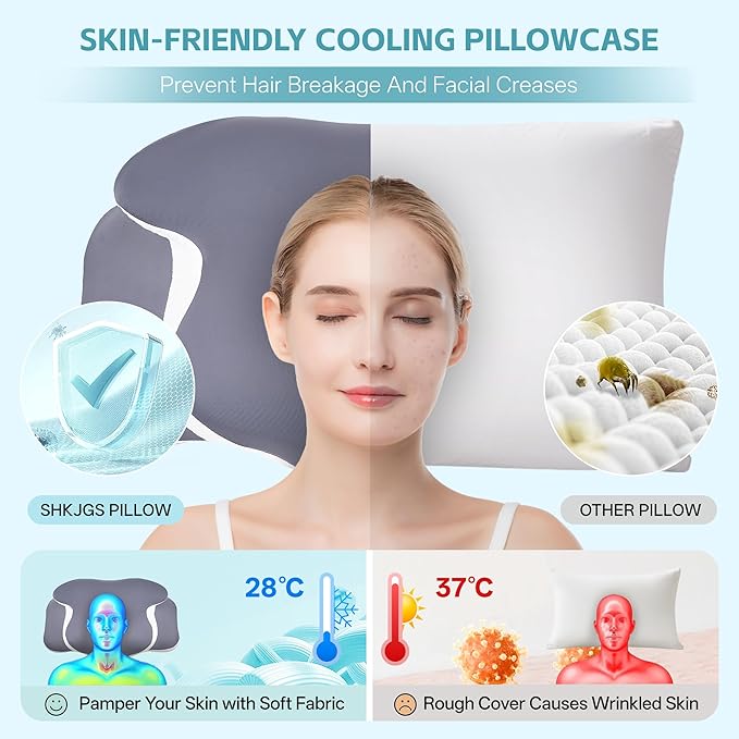 Cervical Neck Pillow for Neck Pain Relief & Support - Cooling Ergonomic Memory Foam Pillow with Dual-Height Contour & Ice Silk Cover for Side, Back, Stomach Sleepers,Grey
