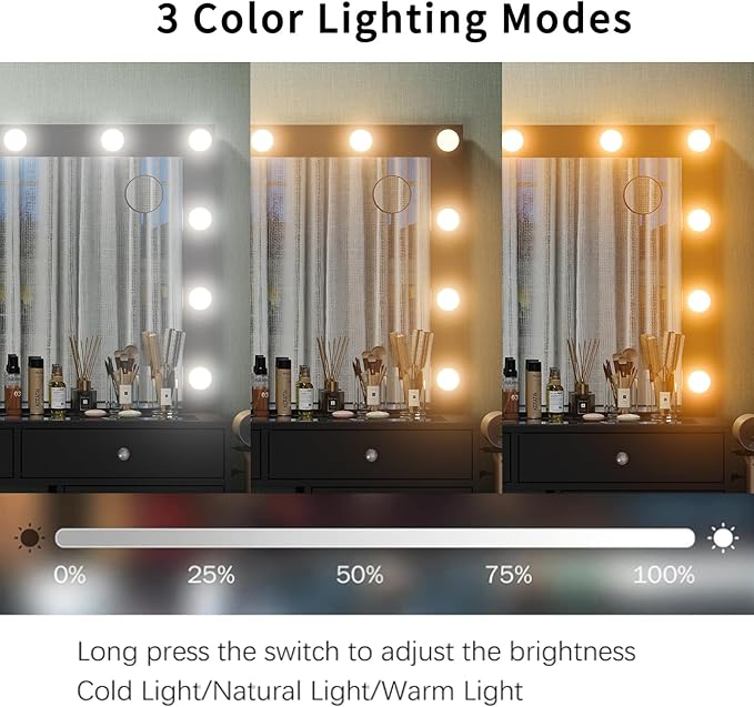 55" W Vanity Desk, Makeup Vanity with Charging Station, 15 Drawers with Lighted Mirror, 3 Lighting Modes, Brightness Adjustable, Glass Top, Vanity Table with Chair for Bedroom, Black