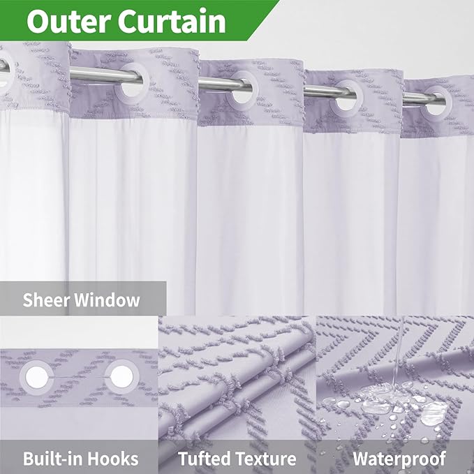 No Hook Boho Farmhouse Shower Curtain with Snap-in Fabric Liner set-71Wx74H(72H),Tufted Chevron Striped Hotel Grade Cloth Shower Curtains for Bathroom with Window,Water Repellent,Lavender