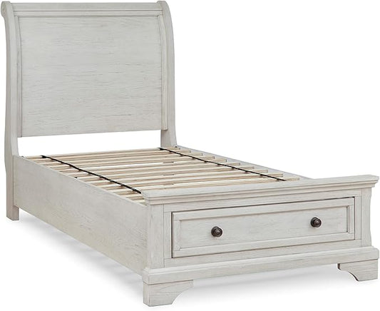 Signature Design by Ashley Robbinsdale Casual Twin Sleigh Storage Platform Bed with 1 Drawer, Foundation or Box Spring Not Needed, White