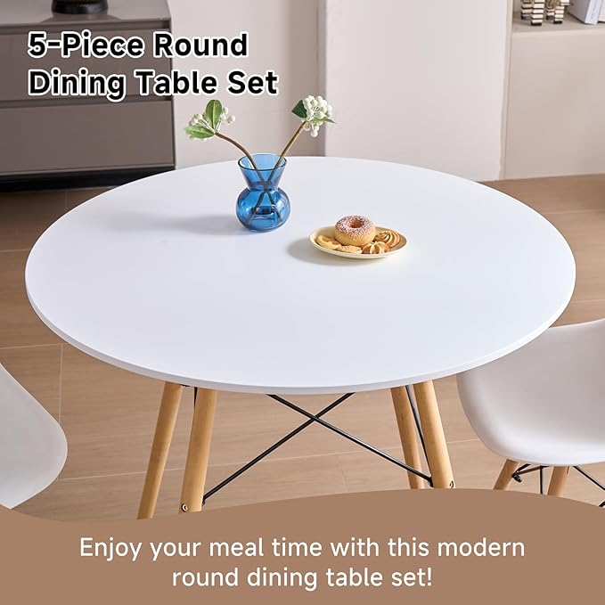 35.5'' 5 Piece Round Dining Table Set for 4, Mid-Century Modern Table with Chairs, Space Saving, Plastic Seats, Wood Legs, Circle Dinner Table for Kitchen, Home, Apartment, White