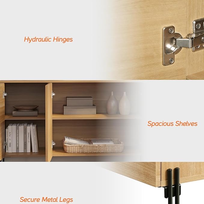 WAMPAT 61.6" TV Stand Cabinets for TVs up to 75 Inches, Entertainment Center with Storage Cabinets and 4 Doors, Mid Century Modern Media TV Console Table for Living Room Bedroom, Oak