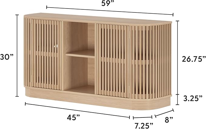 Plank+Beam Contour Wood TV Stand, Two Door Solid Wood Entertainment Console with Storage, 59" L x 16" W x 30" H, Blonde