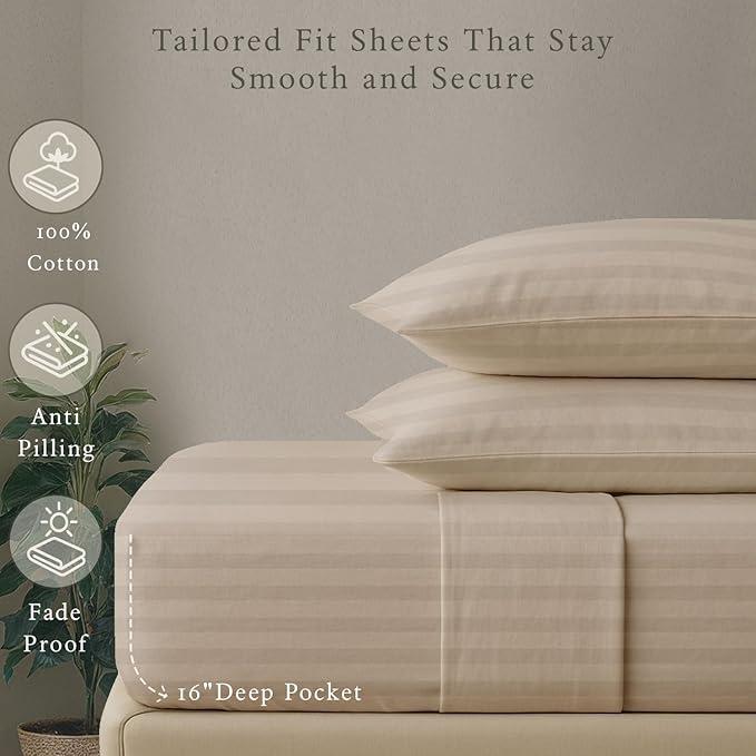 Threadmill 500 Thread Count King Size Damask Stripe, 4 Pc Luxury Cotton Bedsheet Set, Silky Soft Light Beige Sheets with 16" Elasticized Deep Pocket, 2 Pillowcases & Free Tote Bag
