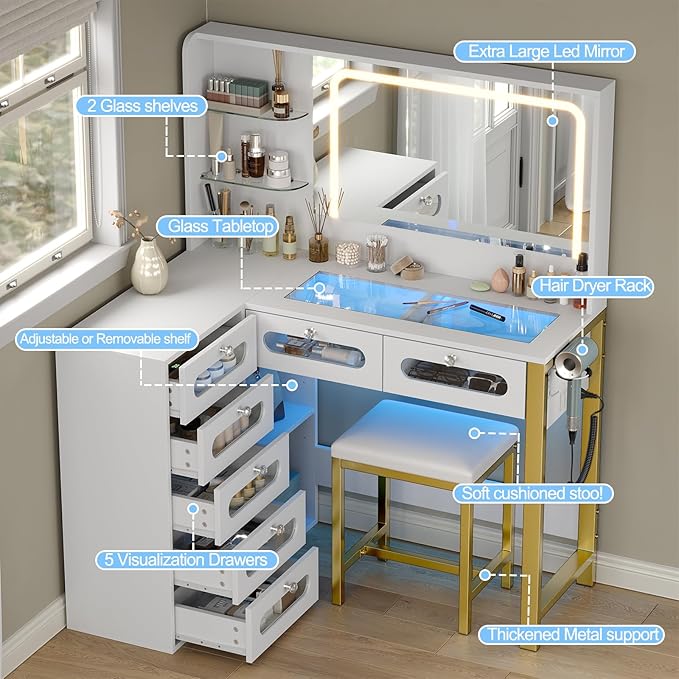 Vanity Desk with Mirror and Lights, 43" Big Modern Vanity Desk, Transparent Top Vanity with 2 RGB Drawers, with Power Outlet & Stool, Modern Ample Storage Dressing Table, White