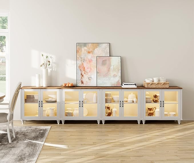 WAMPAT Large TV Stand for TVs up to 100 Inch, Entertainment Center Cabinet for 75/80/85/90 Inch, 4-in-1 Buffet Cabinet With Glass Door for Dining Room & Living Room, White