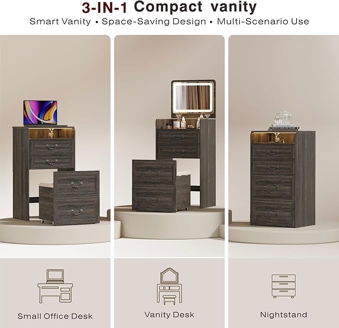 Lvifur 3 in 1 Vanity Desk with Flip Top Mirror and 3 Color Lights,Small Compact Vanity with Charging Station,Glass Top Makeup Vanity with 3 Drawers,Rolling Cushioned Stool