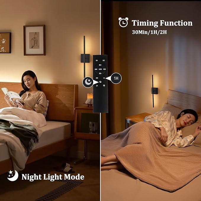 Battery Operated Wall Sconce Set of 2, 8000mAh Wireless Wall Sconces, 3000K-6000K Dimmable, 350°Rotate, Indoor Wall Lights with Remote for Bedroom Living Room Bathroom, Black, 23.6 Inch