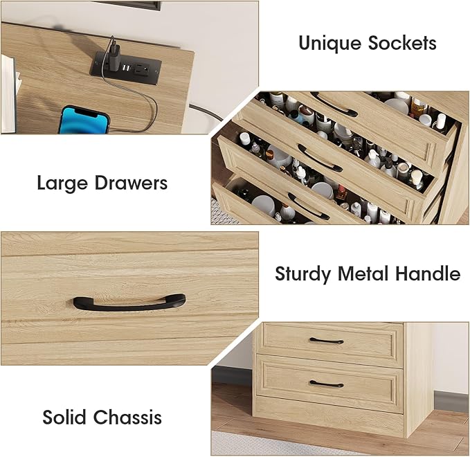 Fameill Dresser for Bedroom, 4 Drawer Small Dresser Organizer with Charging Station for Livingroom, Chest of Drawers with Metal Handles, Oak