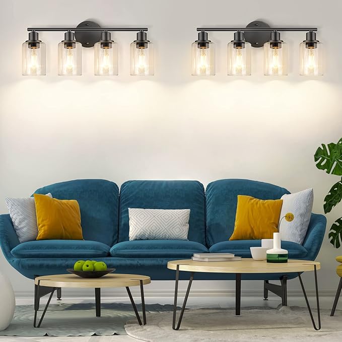 FOLKSMATE Bathroom Light Fixtures, 4 Light Matte Black Vanity Light, Vintage Wall Sconces Lighting, Modern Bath Wall Mounted Lights with Glass Shade