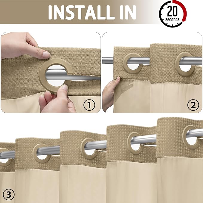 YellyHommy No Hook Shower Curtain with Snap in Liner Set Less Time Waffle Shower Curtain for Bathroom (Beige, 87" L x 72" W)