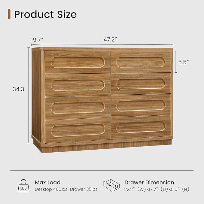 Dresser for Bedroom with 8 Drawers, 47.2" Wide Dresser for Closet with Deep Drawer, Large Wood TV Stand, Modern Chest of Drawers for Bedroom, Hallway, Oakbrown