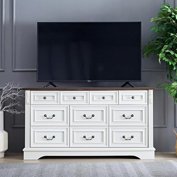 Dresser for Bedroom,Farmhouse 10 Drawers Dresser, 59" Wide Wood Rustic Chest of Drawers with Carved Pilasters, Storage Organizer, Living Room, Hallway, Antique White