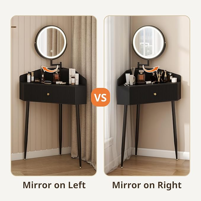 ARTETHYS Corner Vanity Desk with Retractable and Rotating Mirror and Lights Small Modern Black Makeup Vanity Set with Glass Top for Women Compact Girls Dressing Table with Storage for Small Space