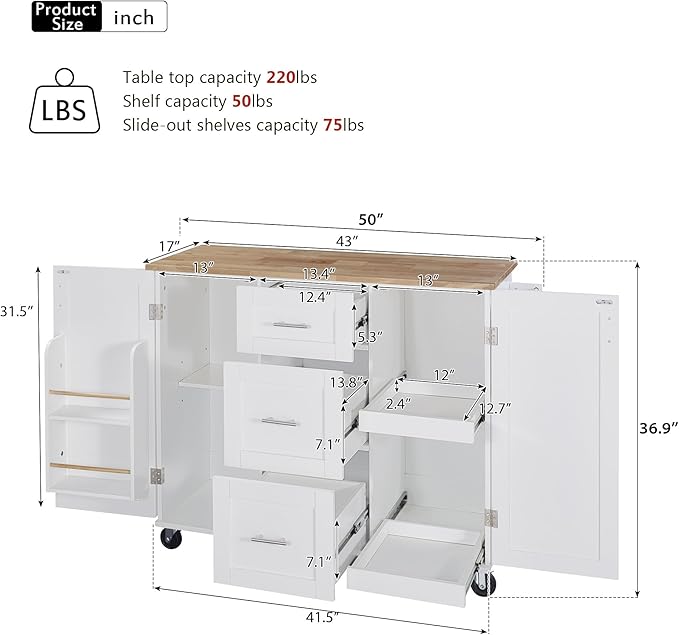 Rolling Mobile Kitchen Island Cart Cabinet with Internal Storage Rack, 3 Drawers and 2 Slide-Out Shelves for Dining Room