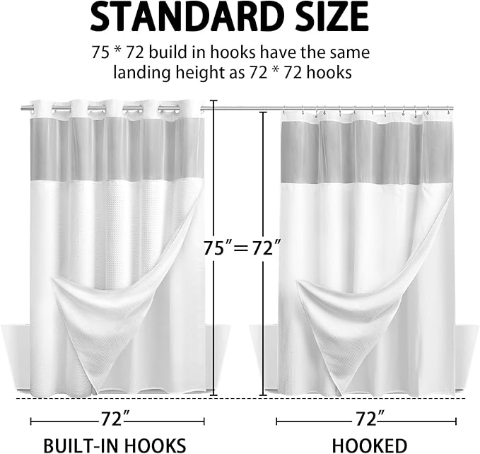 YellyHommy No Hook Shower Curtain with Snap in Fabric Liner Set Less Time White Waffle Shower Curtain for Bathroom 75" L x 72" W