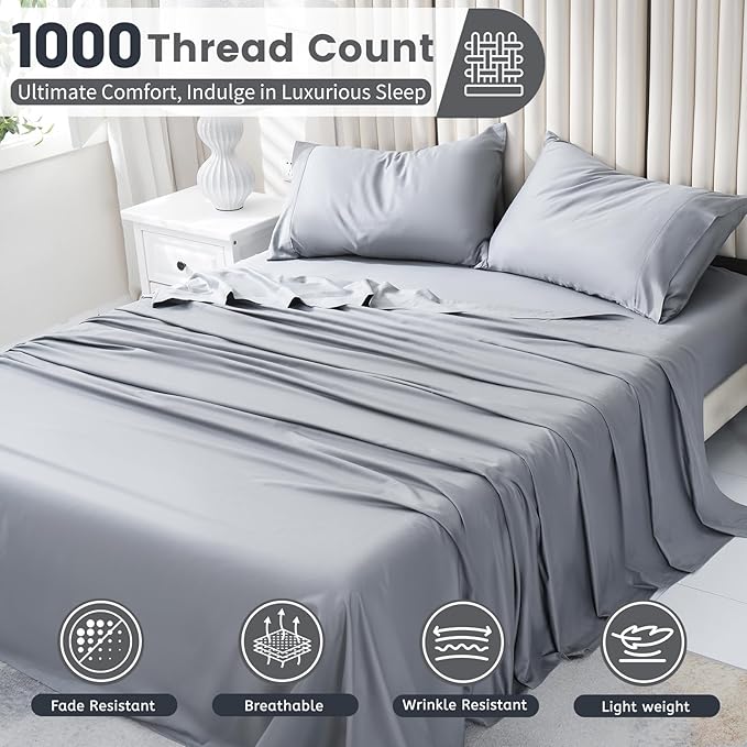 Bedlifes 1000 Thread Count 100% Egyptian Cotton California King Size Sheets Set - Sateen Soft Silky Breathable Luxury Cooling 4 Pieces (Light Grey)
