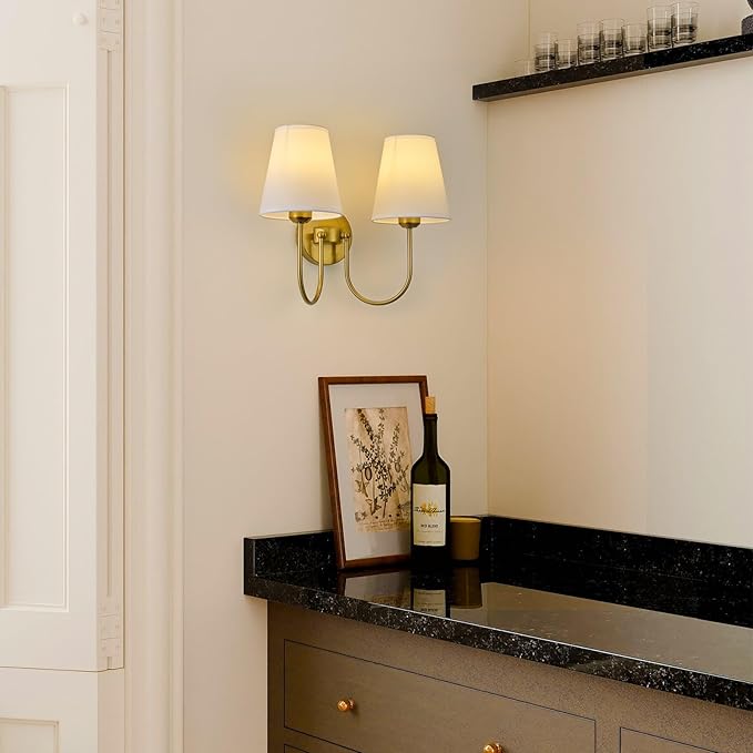 Hardwired White Fabric 2 Light Wall Sconce – Double Headed Cloth Shade Fixture for Bedroom, Bathroom & Hallway (Direct Wire)