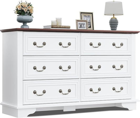 WLIVE Farmhouse Dresser for Bedroom, 51.97'' Wide Wood White Dresser with 6 Drawer, Chest of Drawers with Roman Metal Handle, TV Stand for 60 inch TV, for Living Room, Hallway