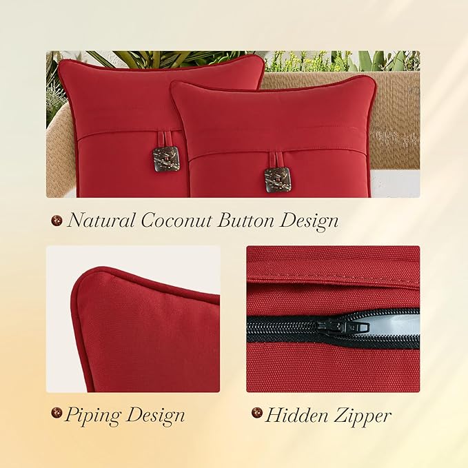 Outdoor Sunbrella Decorative Pillows with Coconut Button Pack of 4, 18" x 18" Outdoor Pillow Set for Couch Bed Throw Patio Sofa, Canvas Jockey Red