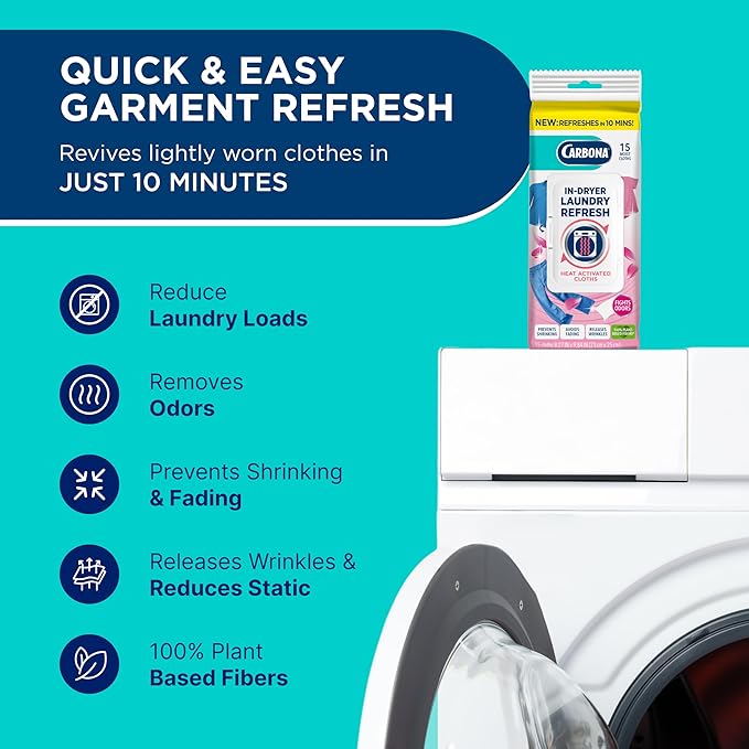 Carbona Laundry Refresh Dryer Sheets 15ct – Odor Eliminator, Wrinkle Releaser, Fabric Softener – Heat-Activated, Static Reducer, Prevents Shrinking & Fading – Quick Clothes Refresh