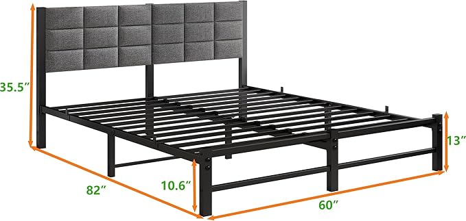 Queen Size Bed Frame with Headboard,Upholstered Bed Frame Queen,Platform Bed Frame with Heavy Duty Metal Slat Support/Queen BedFrame No Box Spring Needed/Under Bed Storage/Easy Assembly,Grey