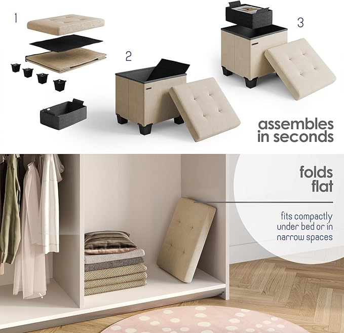 STORAGEBUD Storage Ottoman Cube with Small Bin, 15-in Square Ottoman with Storage for Living Room and Bedroom, Small Ottomans Foot Rest, Velvet Foot Stools Ottomans Max 330lbs, Beige