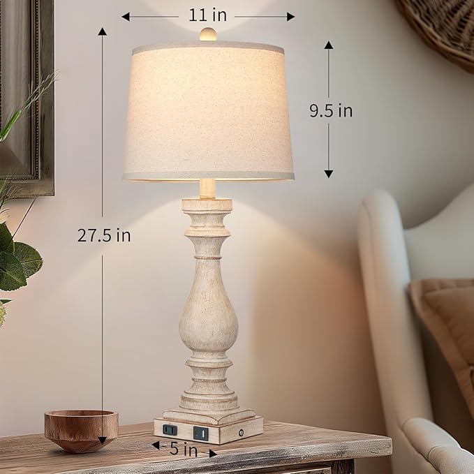 27.5" Tall Farmhouse Lamp,Vintage Bedside Nightstand Lamps with USB Charging Ports A/C,3-Way Dimmable Touch Control Retro Lamp for Bedroom Living Room,Single Beige