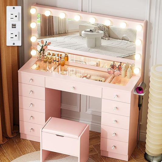 VOWNER Vanity with Lighted Mirror - Makeup Vanity Desk with Glass Top and 11 Drawers, 3 Color Lighting Modes Adjustable Brightness, 46" Vanity Table with Soft Cushioned Stool for Bedroom, Pink
