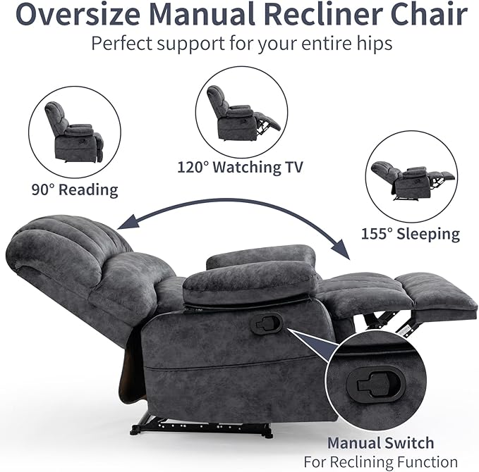 Large Recliner, 23" Wide Seat, A Recliner with Three Position, Recliner Chair Oversized with Two Side Pockets, Dark Gray