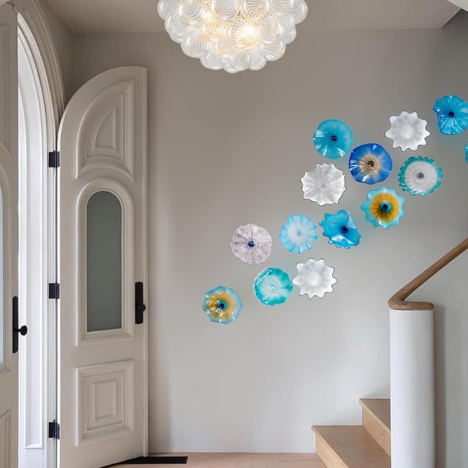 Hand Blown Glass Wall Plates Decor, Modern Unique Glass Wall Art, Murano Blown Glass Wall Art with Transparent and Easy to Clean for Staircase, Living Room, Kitchen, Hallway
