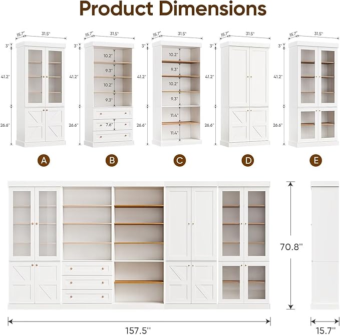 Vyre 70.8" Tall Farmhouse Bookshelf with Doors, Modular Bookcase with 6-Tier Adjustable Shelves, Large Storage Cabinet for Kitchen, Living Room, White, Set of 3