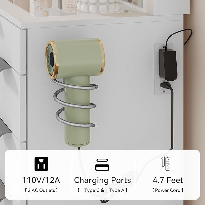 YITAHOME 46" Glass Top Vanity Desk with Mirror with Lights, Large Makeup Vanity Set with 10 Drawers & Storage Stool, Power Outlet, Dressing Table with 3 Adjustable Light Modes, Dressing Room, White