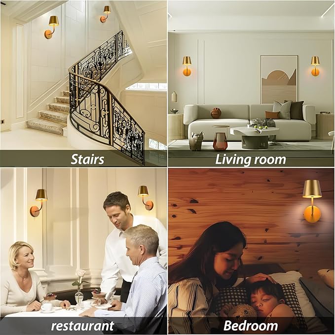 LED Wireless Wall Lamp Set of 2, with 5600mAh Rechargeable Battery Powered Wall Sconces, Touch for Remote Control Infinite Dimming Be Used for Bedroom Mirror Living Room Wall Painting(Gold)