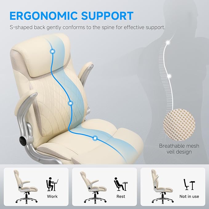 GTRACING Big and Tall High Back Office Chair 400LBS Wide Leather Executive Chair Height Adjustable Lumbar Support & Armrests, Comfy Desk Gaming Chairs Computer Swivel Chair, Beige