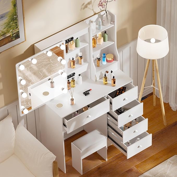 Vanity Desk with Mirror, 10 Lights, Makeup Table with 5 Drawers 6 Shelves, 3 Color Modes, Vanity Set with Chair for Bedroom, White