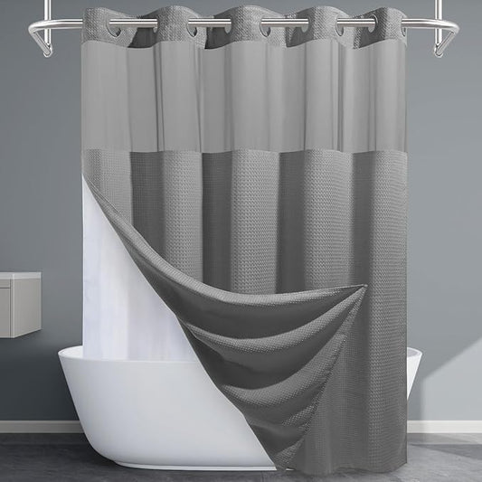 Grey Long Shower Curtain and Liner Set - 230GSM Waffle Weave Textured Heavy Duty,Hotel Luxury Weighted Bath Curtain,71W x 86H