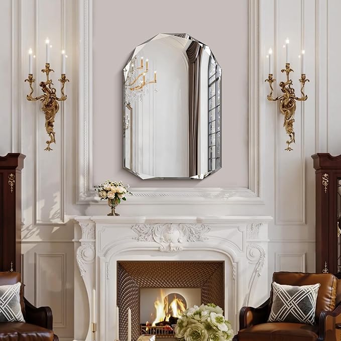 KOCUUY 26"x38" Frameless Mirror, Arched Shape with Diamond-Shaped Beveled Edge,Unframed Decorative with Upgraded Shatterproof Glass,Unique Frameless Mirror for Bathroom,Living Room,Bedroom