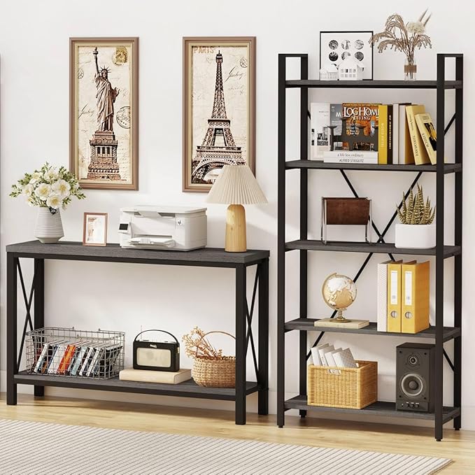 BON AUGURE Console Tables for Living Room, Industrial Couch Table Behind Sofa, Wood Metal Entryway Tables for Hallway, Entry Way Table for Foyer, Entrance, Front Door (Dark Grey Oak, 47 Inch)