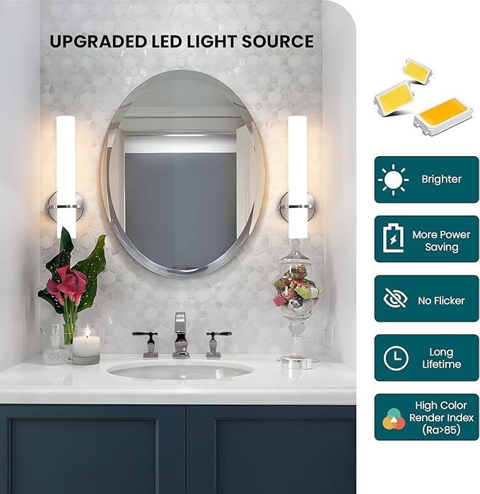 Brushed Nickel Wall Sconces Set of Two - 15 inch Modern Bathroom Sconce 15W 3000K Dimmable LED Sconces Wall Lighting, Indoor Wall Sconce Light for Living Room Corridor Mirror Bedroom Stairs