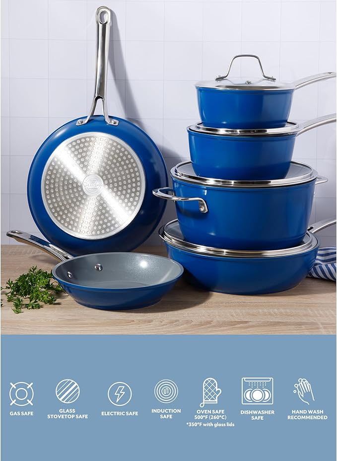 Sur La Table Kitchen Essentials Cool Commune Hard Anodized 10 Piece PFA Free Ceramic Non stick Interior Forged Durable Aluminum Pots and Pans Cookware Set - Blue - Induction Compatible